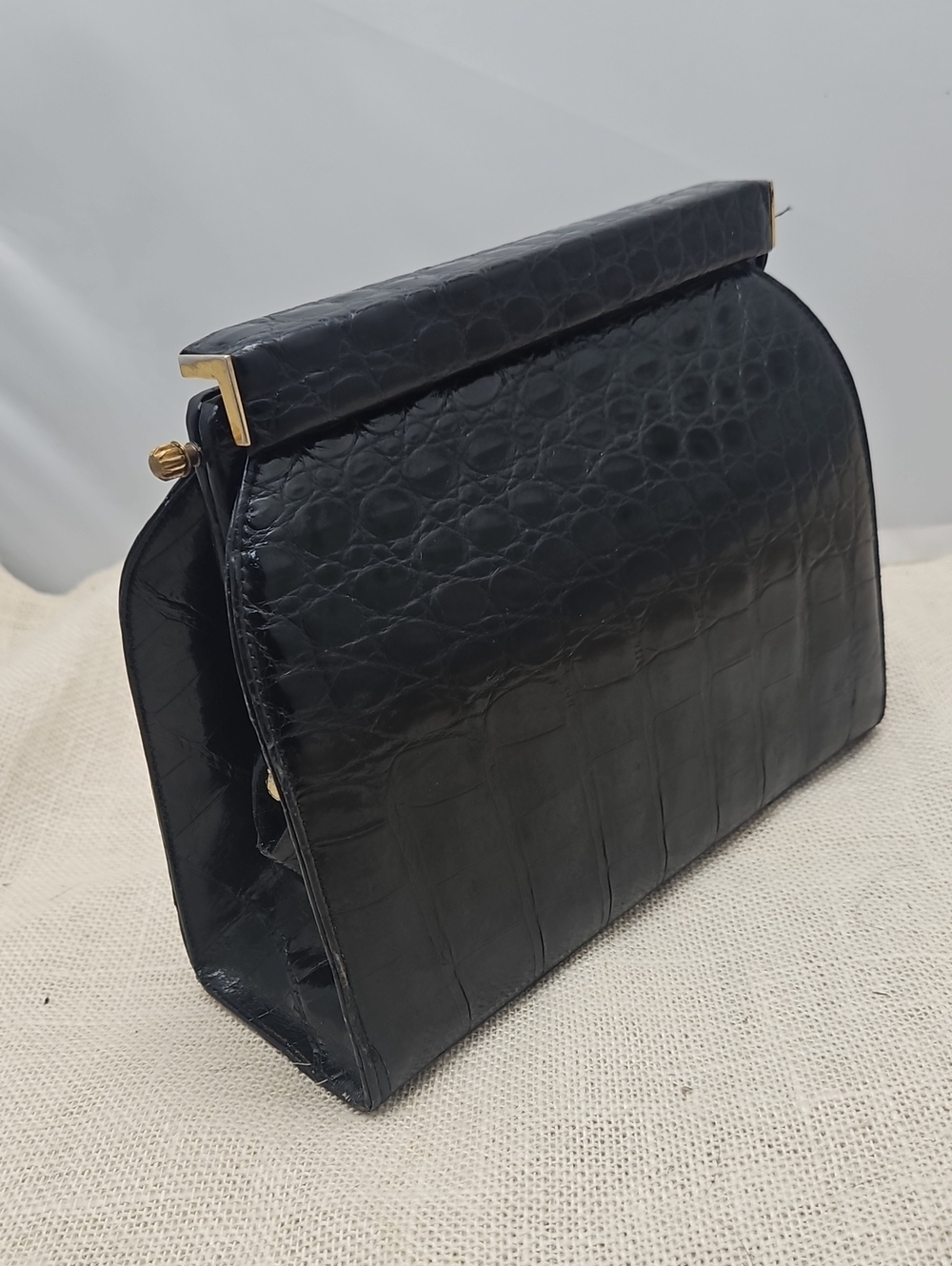 Vintage Black leather Croc-Embossed Structured Handbag - Unbranded